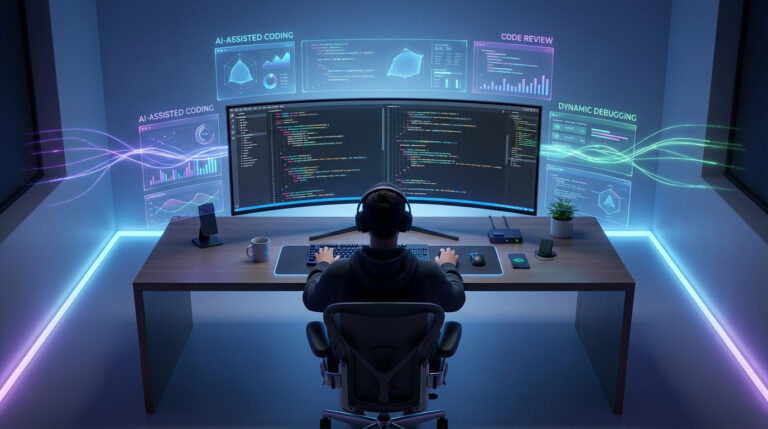 A developer from behind codes on an ultra-wide monitor with glowing AI, code review, and debugging holograms in a futuristic setup.