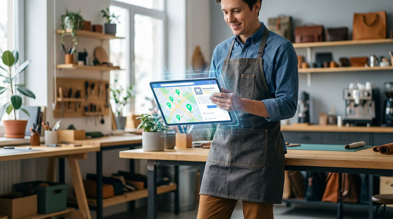 A smiling artisan in an apron views a digital tablet displaying a map with business pins and a profile in a bright workshop.