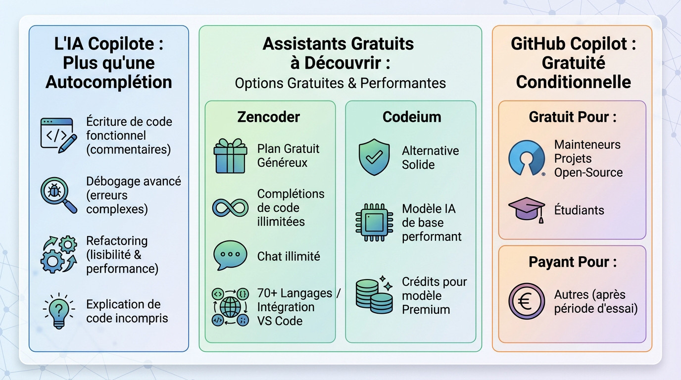 Tableau comparatif des fonctionnalités et coûts des assistants IA pour le codage