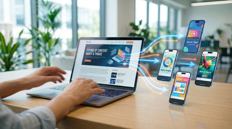 Hands on laptop, blog content displayed. Glowing blue/orange lines show content transforming into diverse social media posts on multiple smartphones.