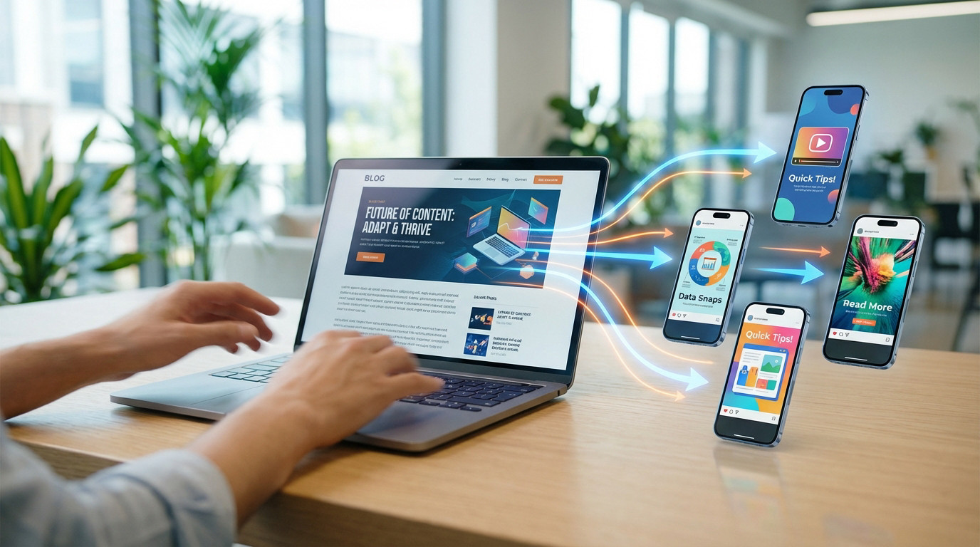Hands on laptop, blog content displayed. Glowing blue/orange lines show content transforming into diverse social media posts on multiple smartphones.