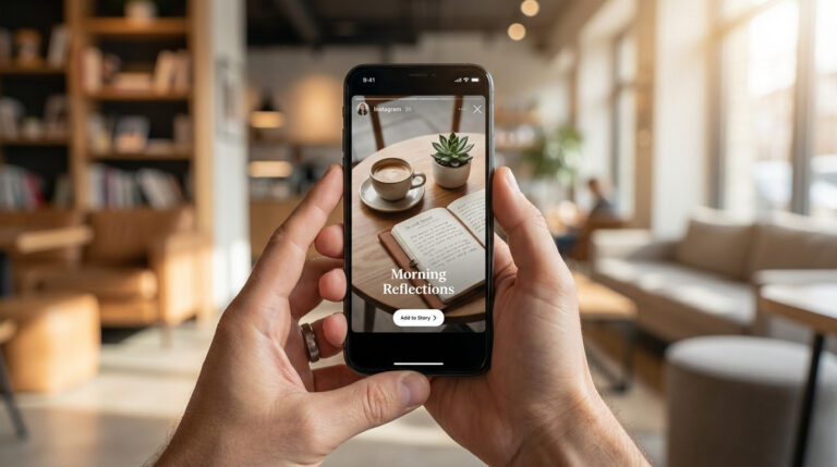Close-up of hands holding a smartphone displaying an Instagram story with 'Morning Reflections' of coffee, plant, and journal.