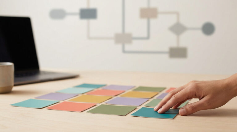 Hand selecting a color swatch from a vibrant palette on a clean desk, with a blurred strategic flowchart in the background.