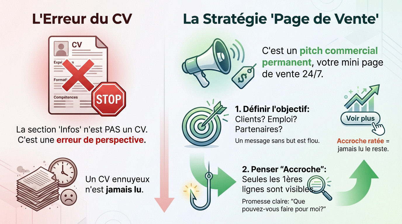 Schéma comparatif montrant la différence d'impact entre un CV classique et une page de vente sur LinkedIn