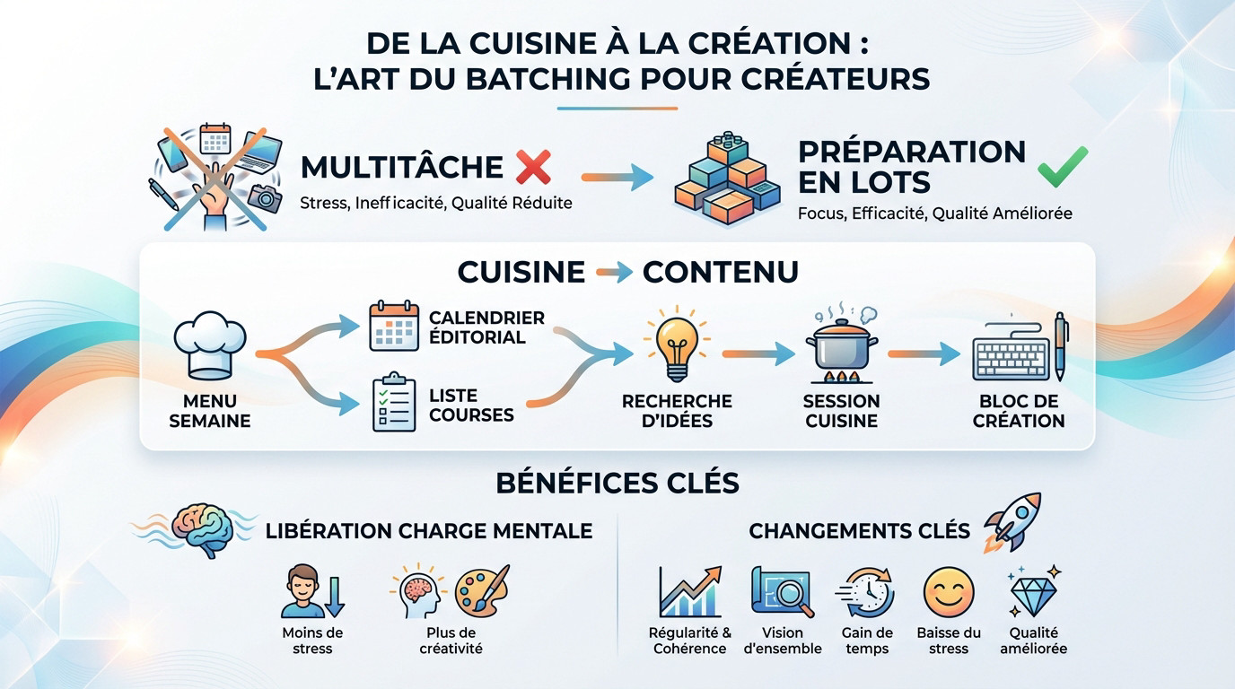 Illustration montrant le parallèle entre la préparation de repas en lots et la planification de contenu digital