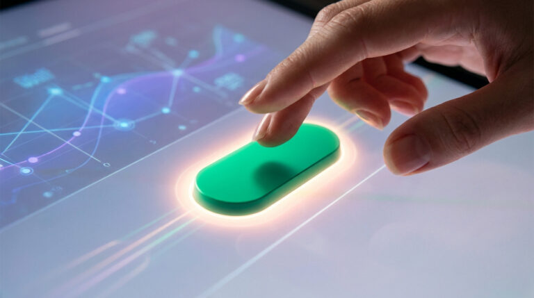 Hand hovers over a glowing emerald green CTA button on a digital interface with abstract blue/purple data graphics, suggesting action.