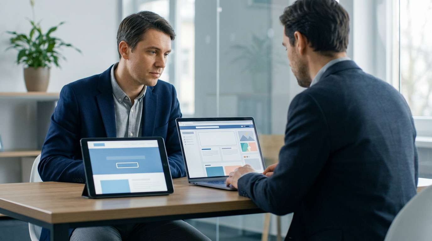 Two professionals in an office reviewing digital designs. A man with a thoughtful expression observes a tablet with a simple layout and a laptop with a complex website.