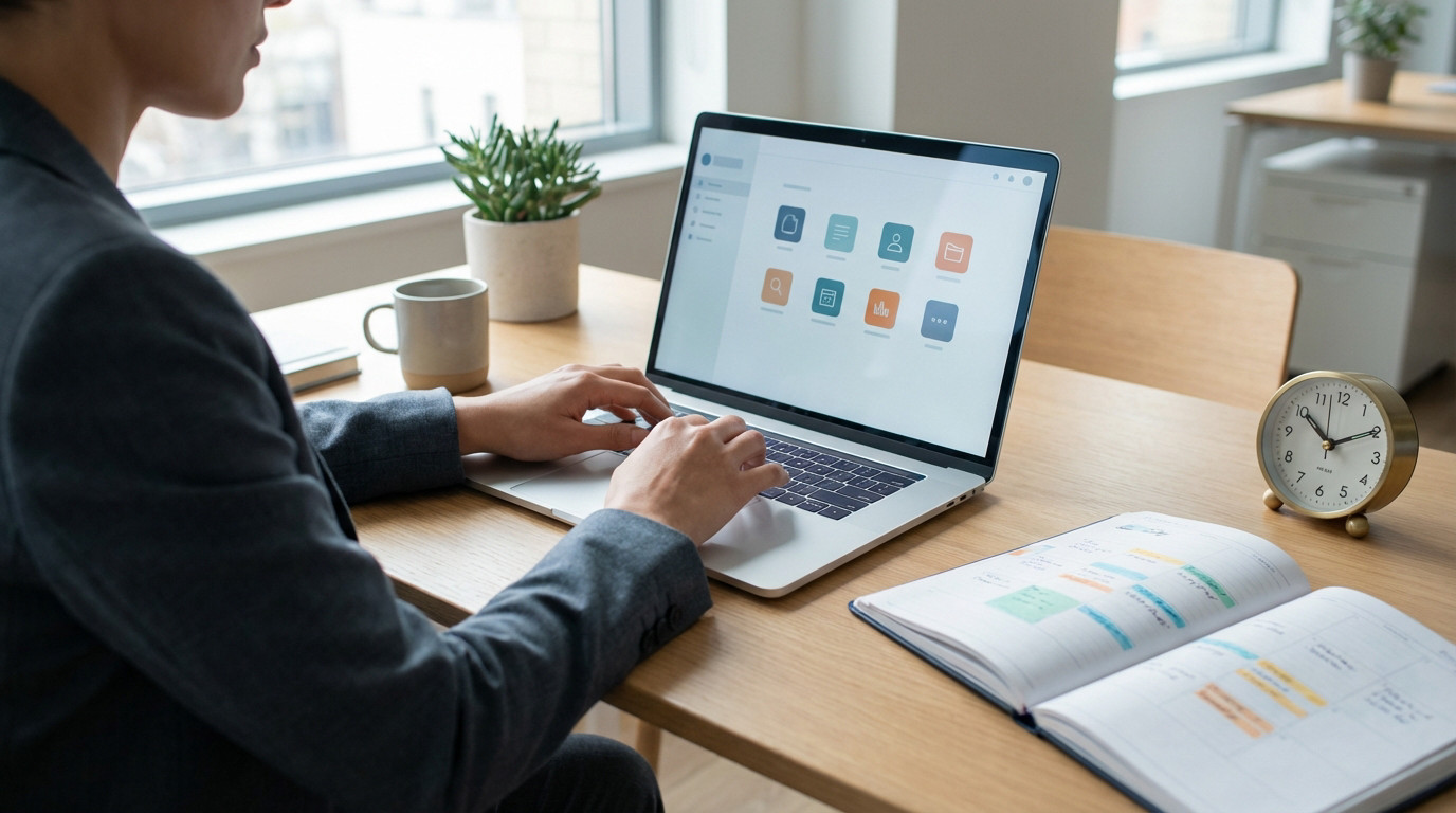 Person at modern desk, calmly managing social media on laptop with abstract interface. Organized planner and clock emphasize time-bound productivity.