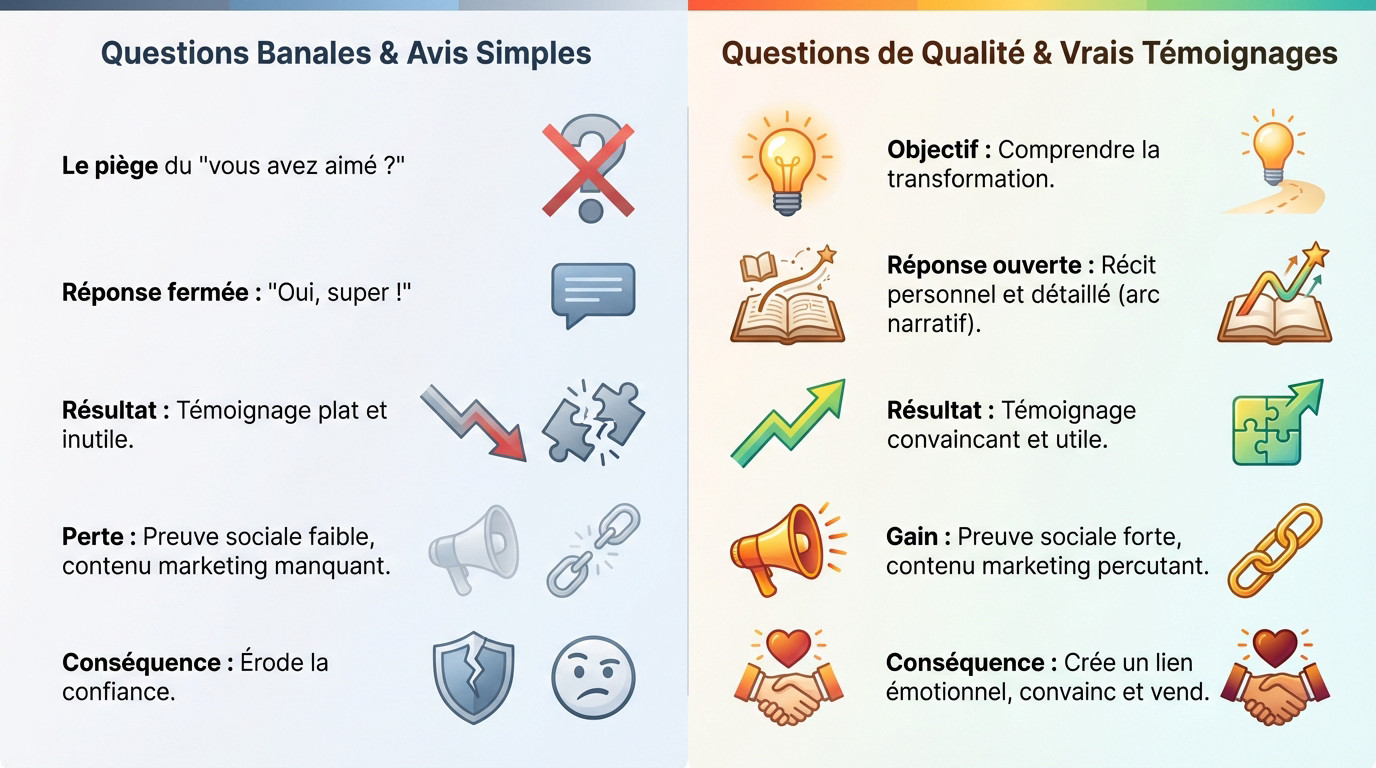 Comparaison entre questions fermées inefficaces et questions ouvertes pour témoignages clients