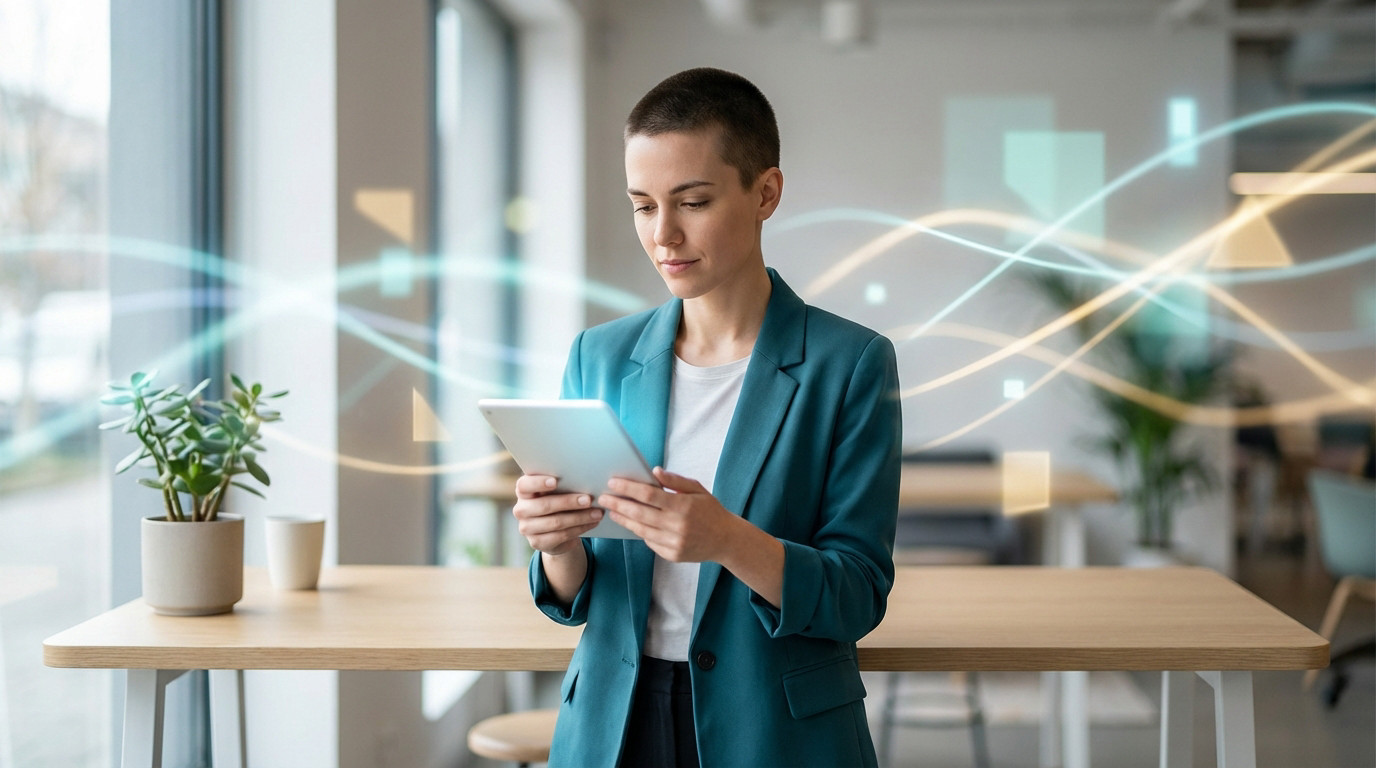 Gender-neutral individual with short hair uses a tablet in a modern, bright office with abstract digital network graphics.