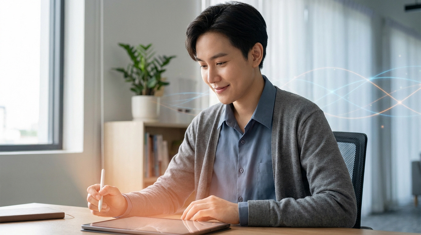 A professional with a calm, focused expression uses a stylus on a tablet in a bright, modern office. Subtle digital lines appear in the background.
