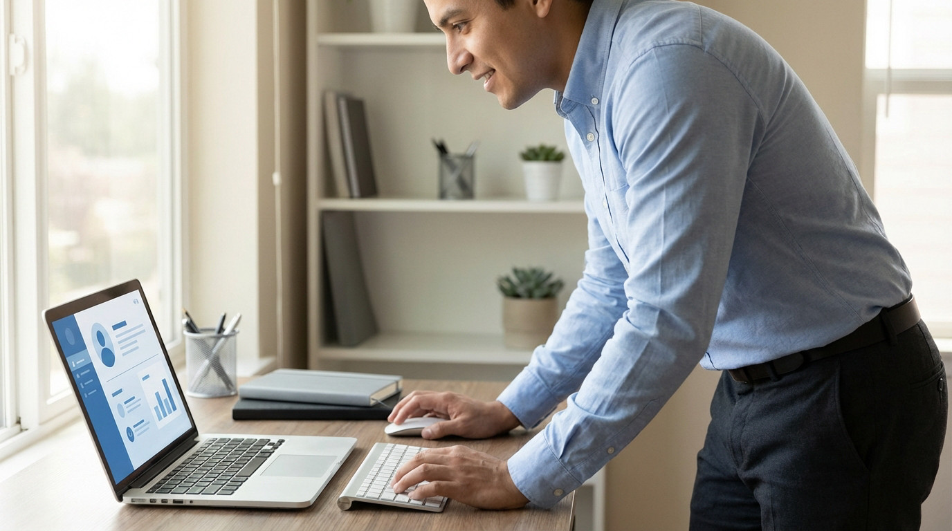 A man in a light blue shirt, with a focused, optimistic expression, updates his professional networking profile on a laptop in a bright home office.