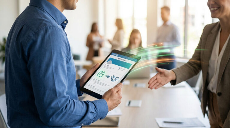 Man viewing LinkedIn profile on tablet. Digital lines extend to woman offering handshake, symbolizing online connection to client conversion.
