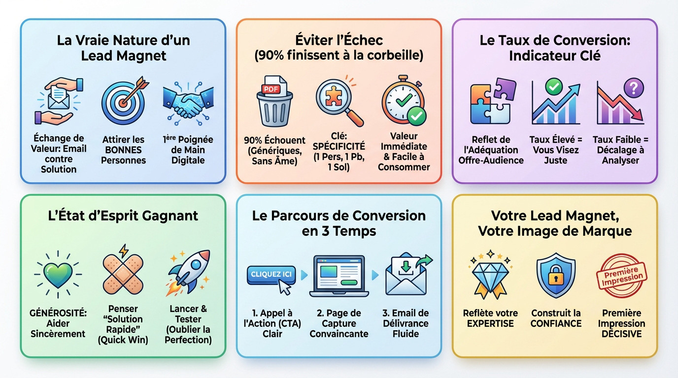Illustration des étapes clés pour créer un lead magnet performant : idée, offre, page de capture et suivi