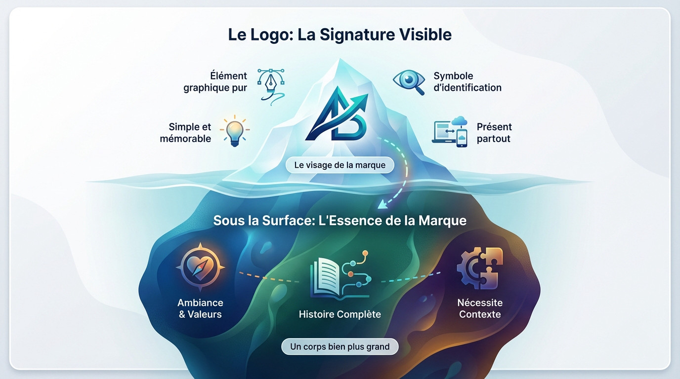 Schéma illustrant la différence logo identité visuelle avec la métaphore de l'iceberg