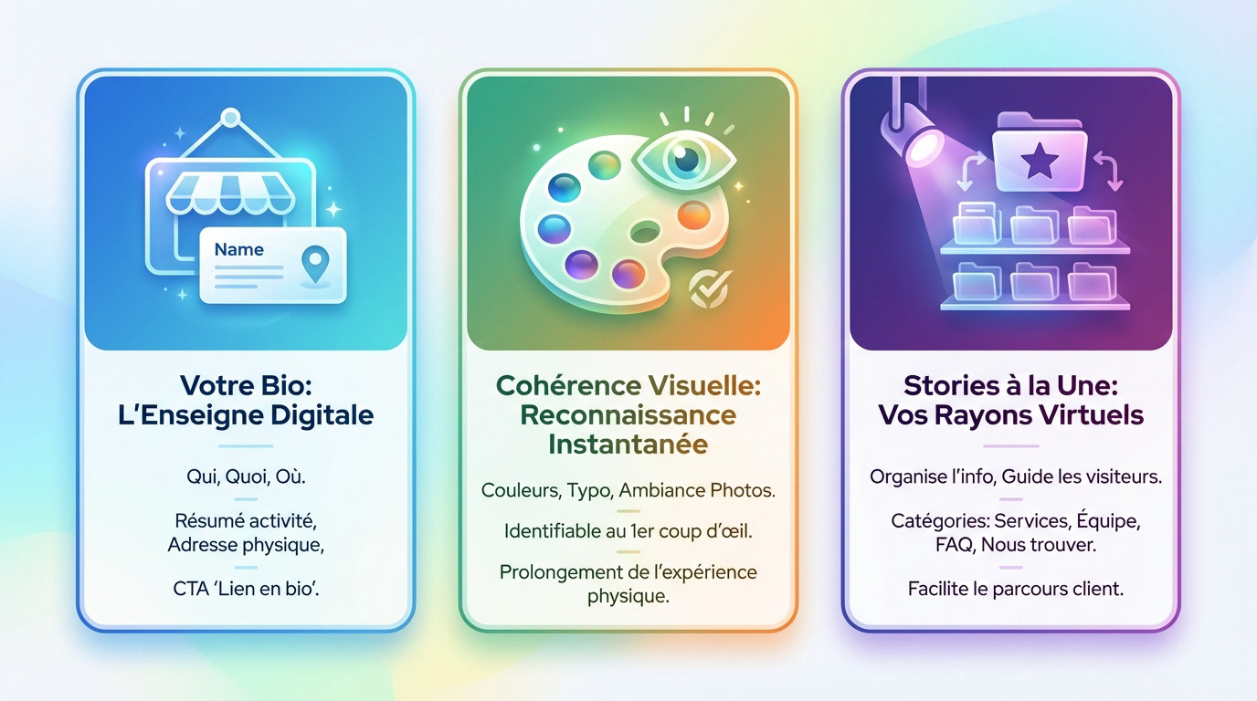 Infographie résumant les piliers d'une présence digitale optimisée pour un commerce local sur Instagram