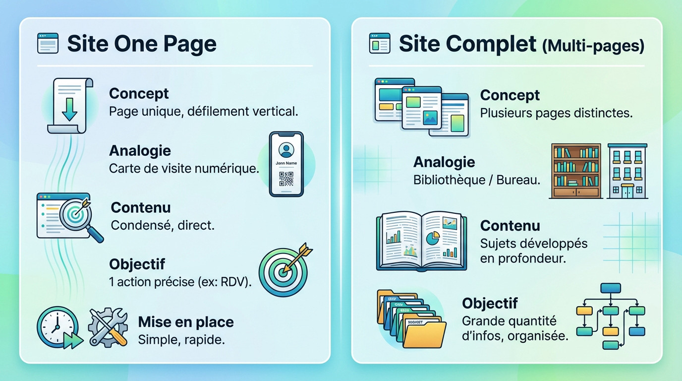 Infographie comparative illustrant les différences de structure entre un site one page et un site complet pour coach