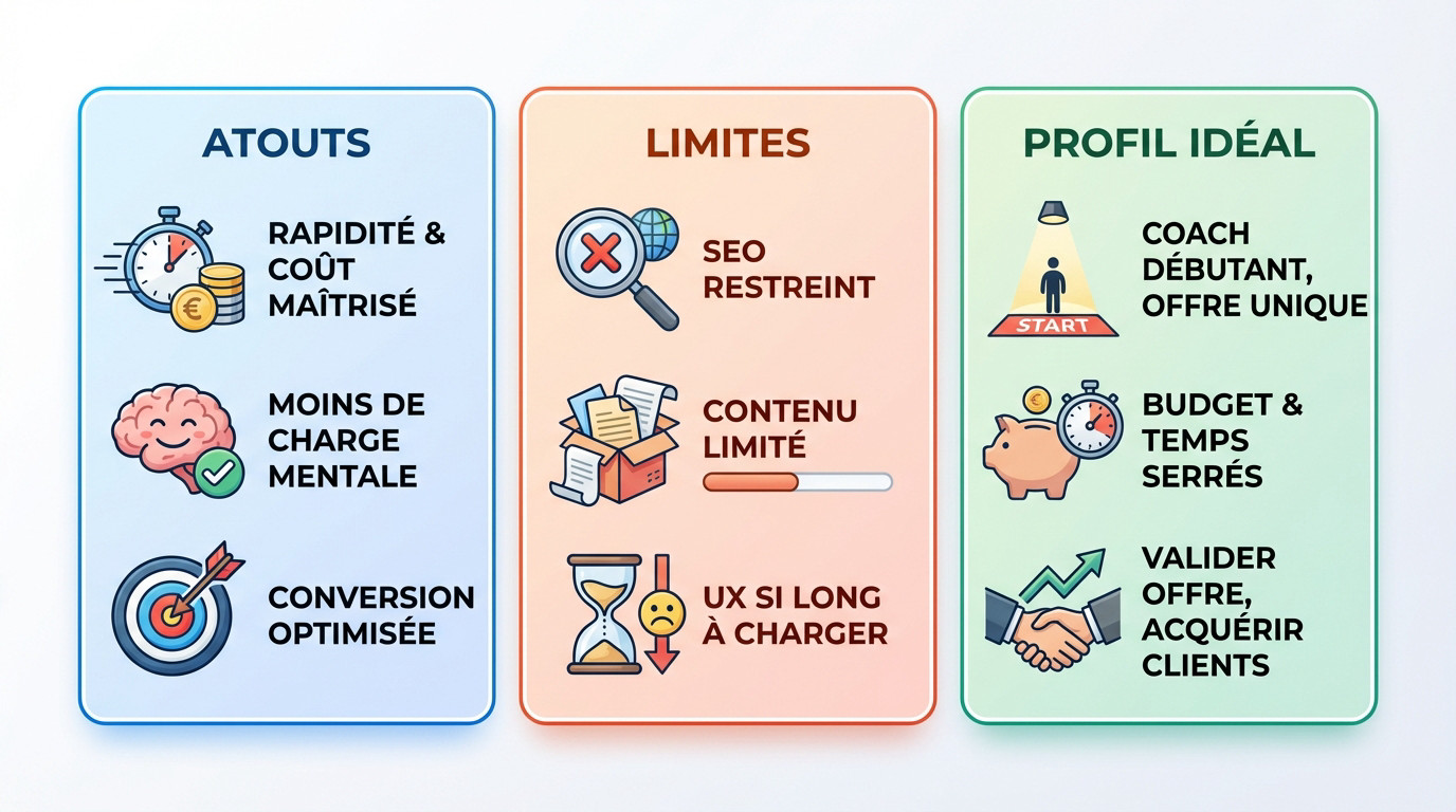 Infographie comparant les atouts et limites d'un site one page pour coach avec le profil idéal