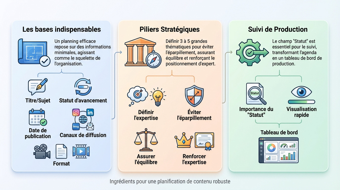 Schéma des ingrédients essentiels pour un calendrier éditorial freelance robuste et efficace