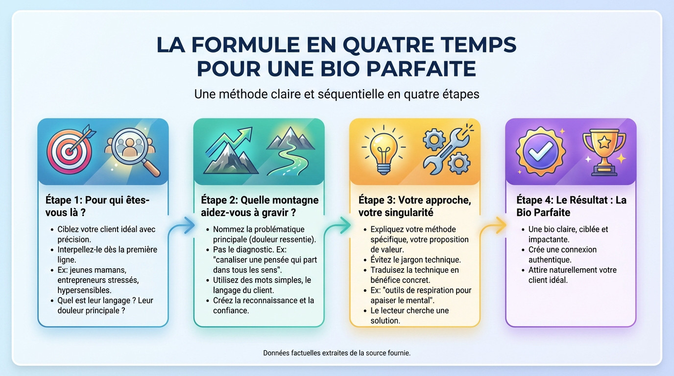 Schéma explicatif de la structure en quatre temps pour une bio Instagram de thérapeute efficace