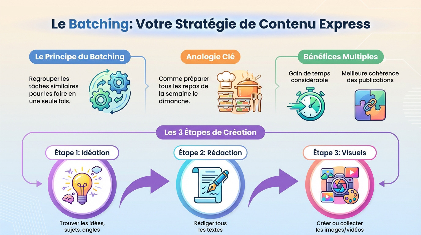 Illustration de la méthode batching pour optimiser la création de contenu sur les réseaux sociaux