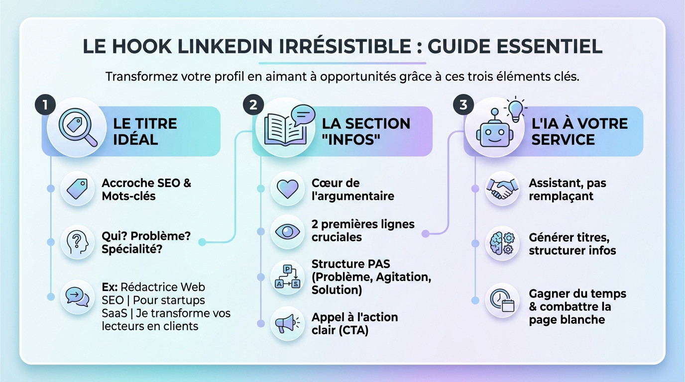Illustration d'un profil LinkedIn optimisé avec un titre accrocheur et un résumé structuré