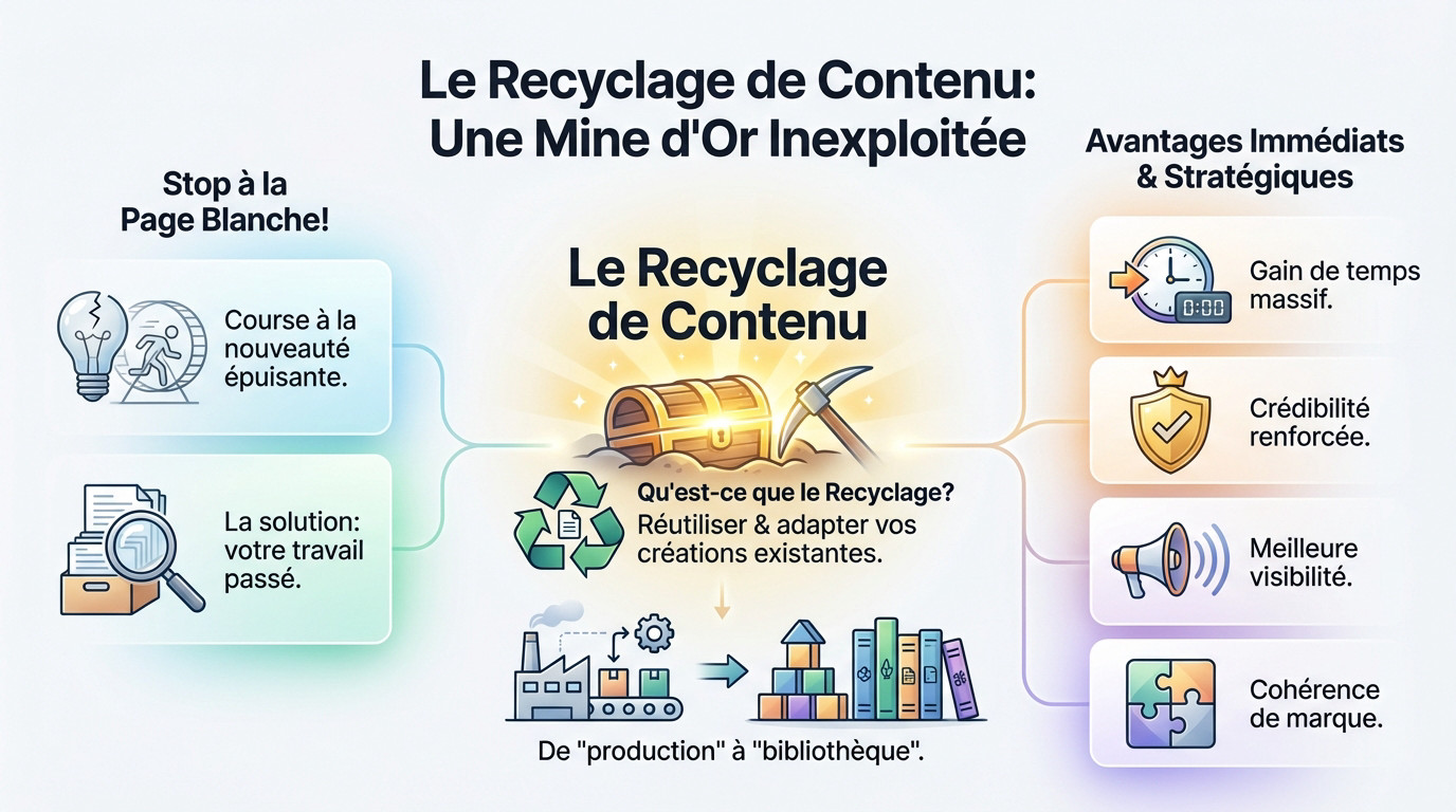 Illustration conceptuelle montrant le recyclage de contenu comme une ressource précieuse et inexploitée