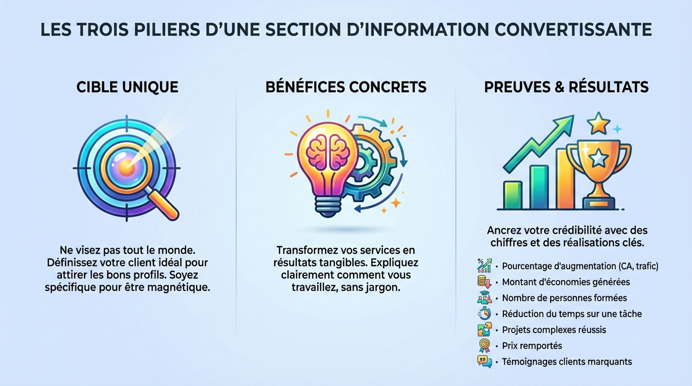 Schéma des 3 piliers essentiels pour une section infos LinkedIn performante : cible, offre et preuves