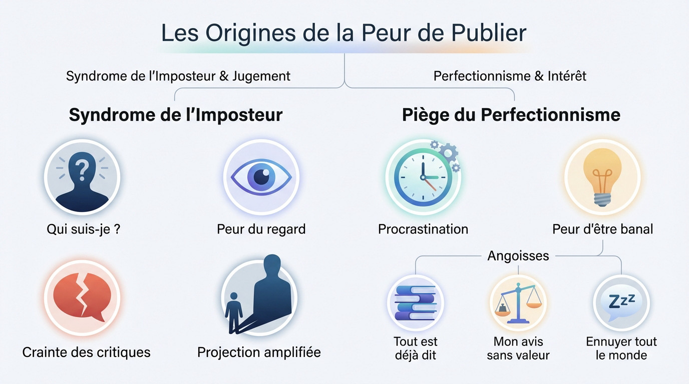 Illustration des blocages psychologiques et de la peur de publier sur LinkedIn