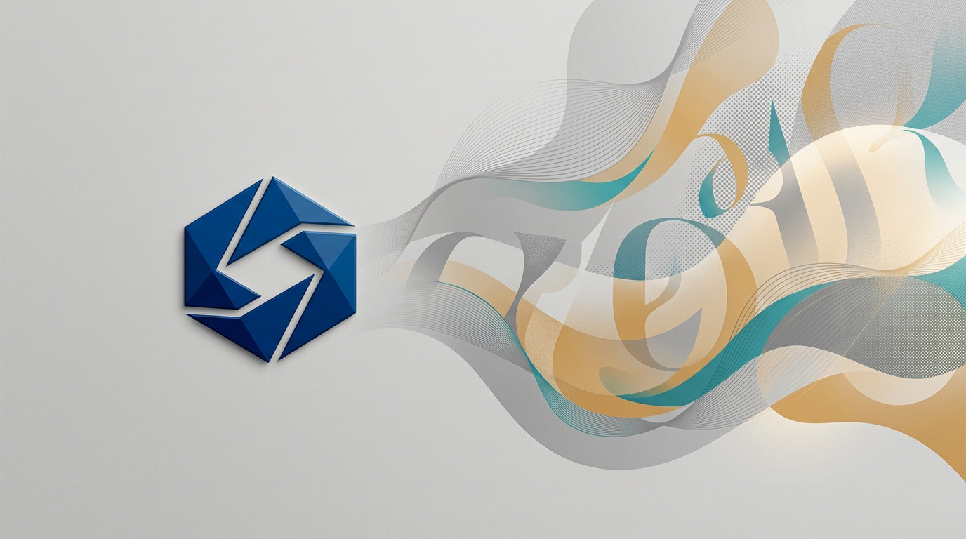 Abstract image: A deep blue geometric logo on the left transitions into a flowing visual identity of grays, ochre, and teal, showing its expansion.