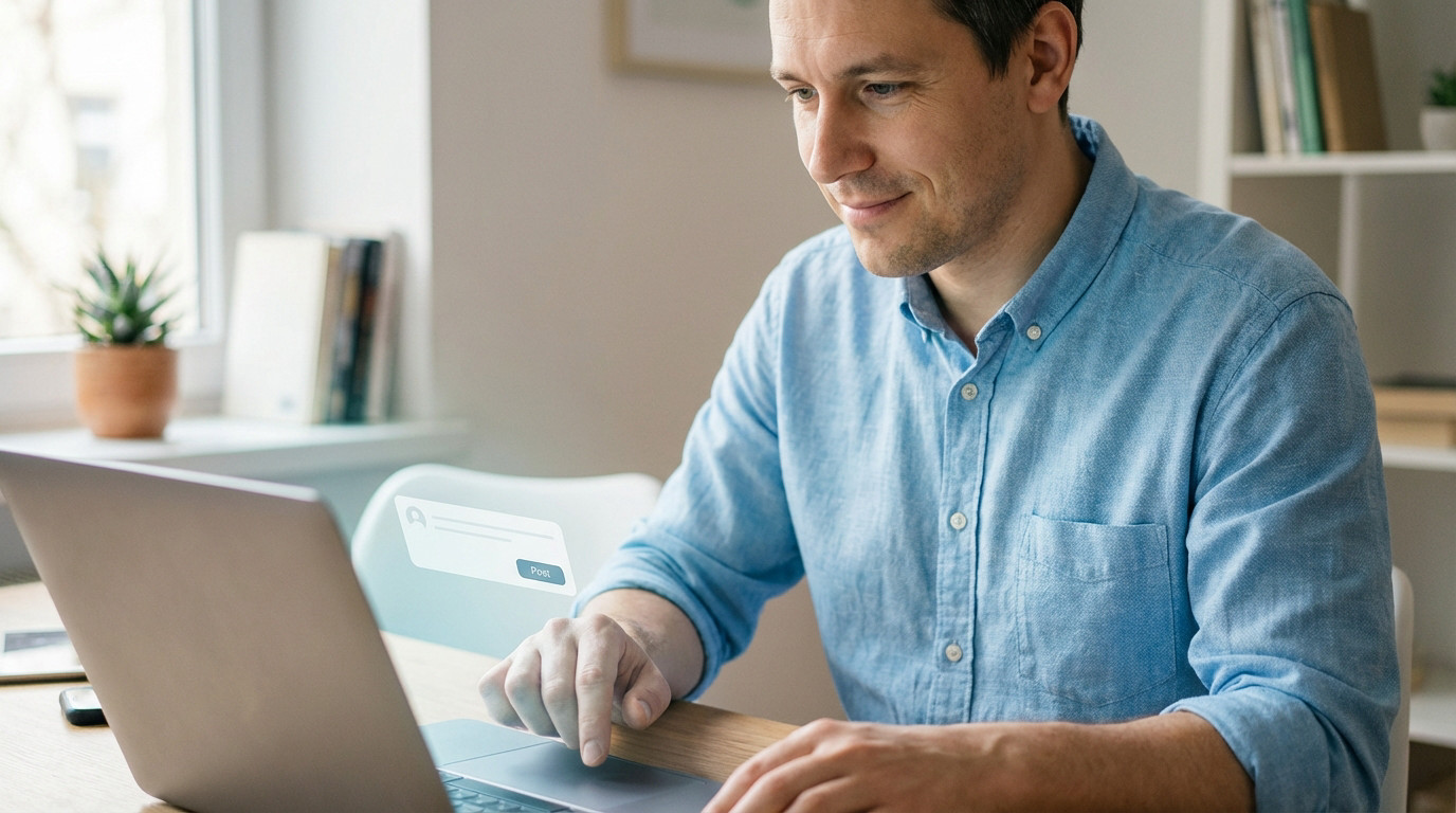 Man in blue shirt smiles, finger poised over 'Post' button on laptop screen, in a modern, well-lit home office.