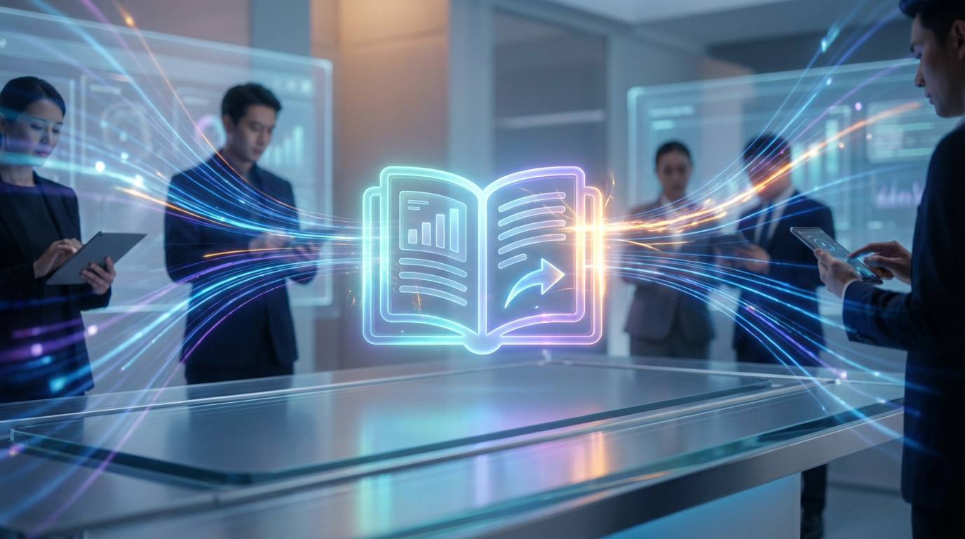 Ícone de e-book digital brilhante central, com fluxos de dados convergindo. Pessoas desfocadas interagem com telas, simbolizando marketing digital e atração de leads.