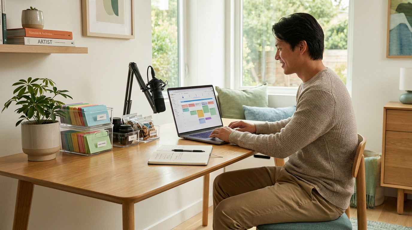 Man in a bright, modern home office, focused on a laptop with a calendar. Organized creative assets and pre-prepped snacks line his desk.