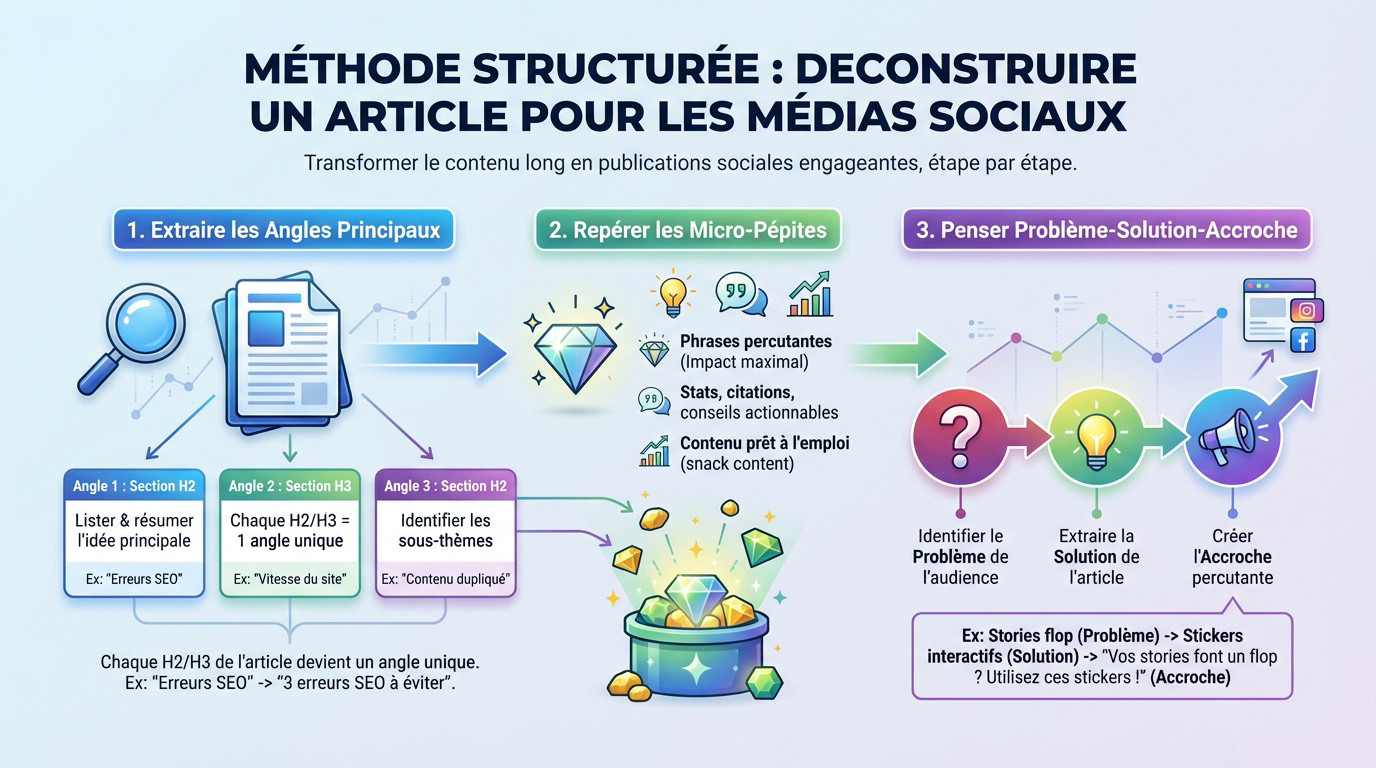 Schéma illustrant la méthode du squelette de contenu pour transformer un article de blog en posts réseaux sociaux