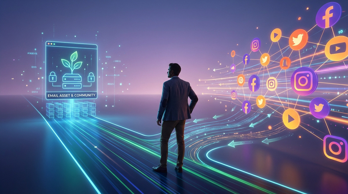 Man at digital crossroads. Left: glowing email asset/plant icon. Right: vibrant social media network. Arrows show social feeding email.