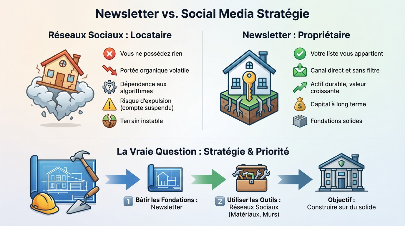 Schéma comparatif montrant la newsletter comme fondation stable et les réseaux sociaux comme outil de visibilité volatile