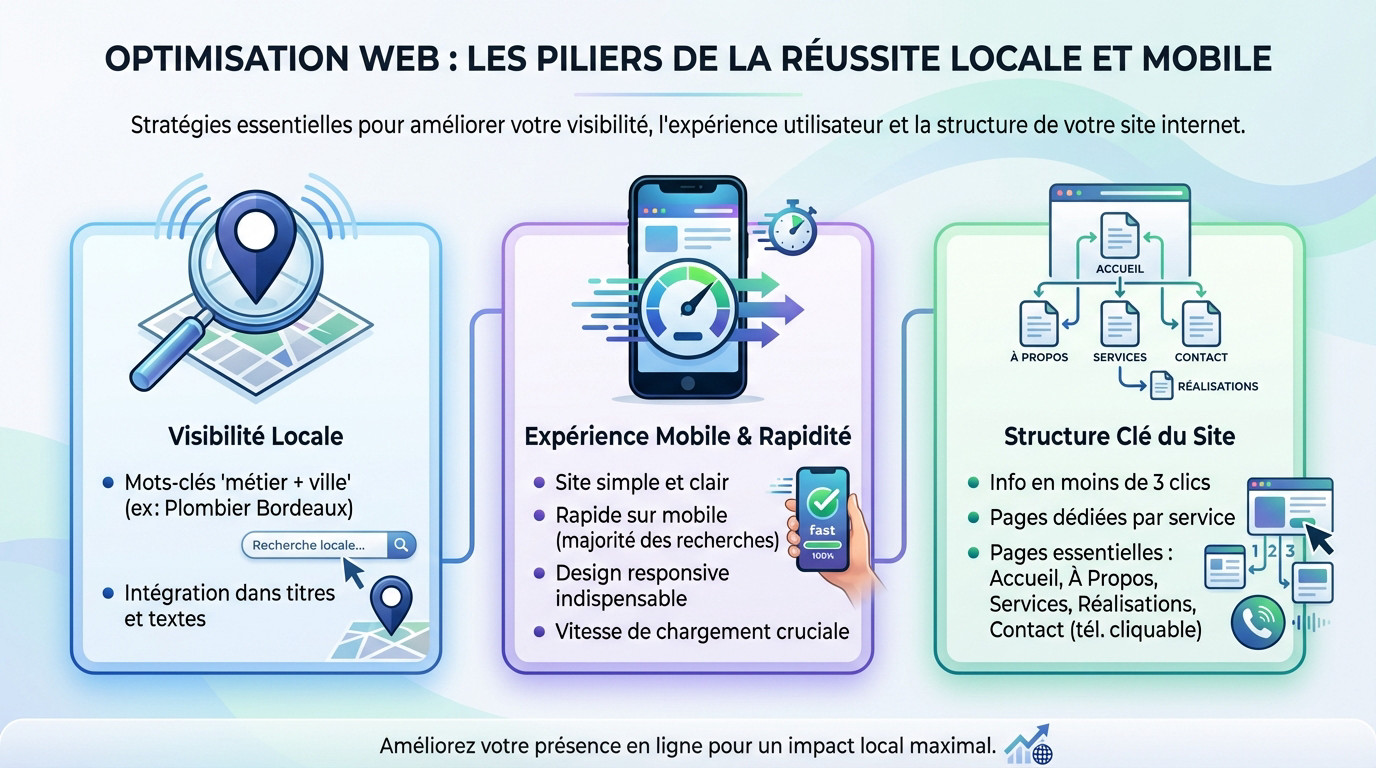 Schéma illustrant l'optimisation d'un site artisan sur mobile et la vitesse de chargement