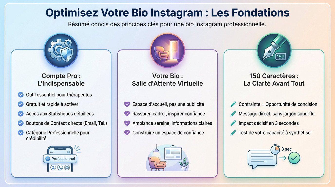 Smartphone affichant une bio Instagram optimisée pour thérapeute avec des statistiques visibles