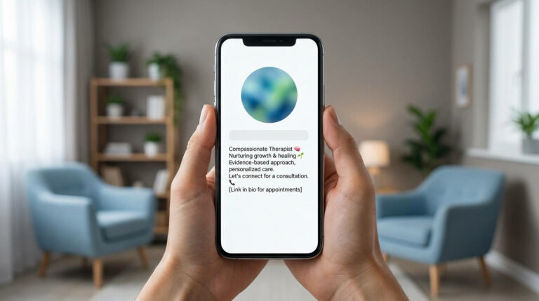 Hands hold a smartphone displaying a therapist's Instagram bio with brain, sprout, phone emojis, and a call to action, against a blurred, calming therapy room background.