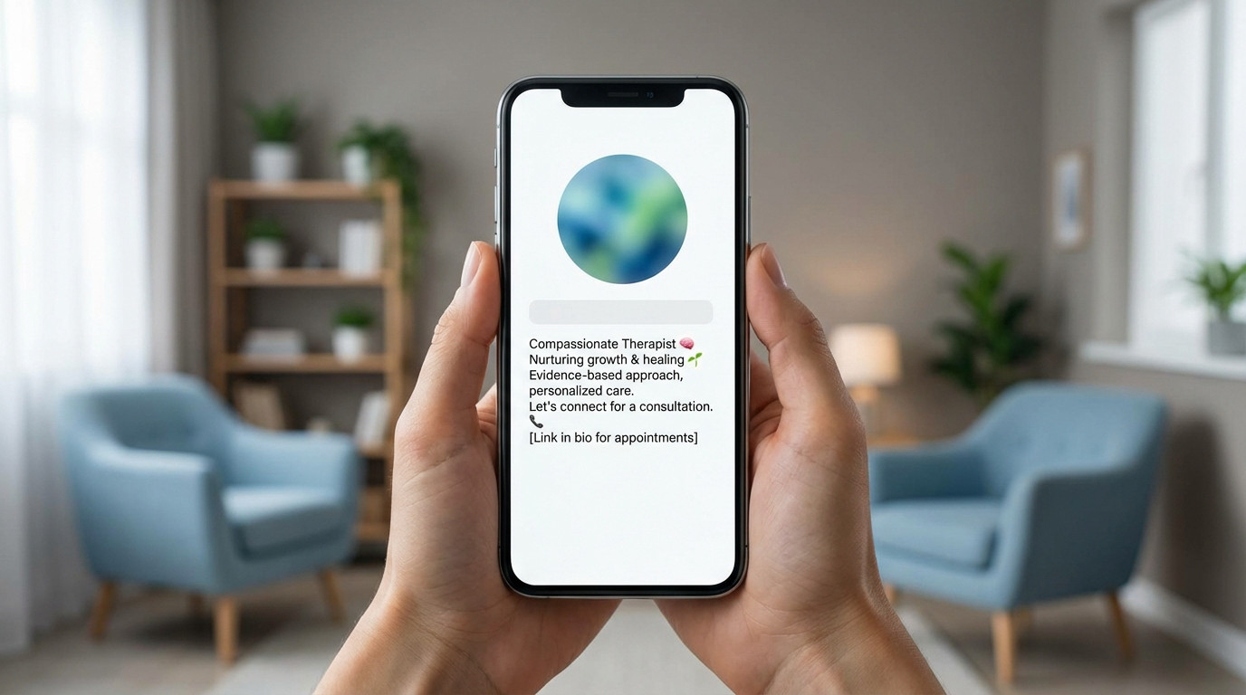Hands hold a smartphone displaying a therapist's Instagram bio with brain, sprout, phone emojis, and a call to action, against a blurred, calming therapy room background.