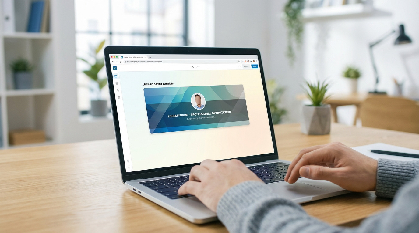 Hands on a laptop displaying a LinkedIn banner template with abstract blue/teal gradients, geometric shapes, and text/profile placeholders in a modern workspace.