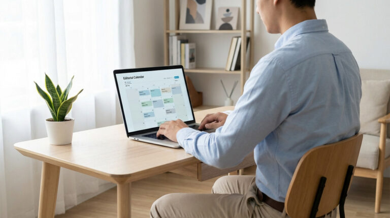 Person in light shirt uses laptop showing grid-like editorial calendar in a modern, well-lit home office with a plant on desk.
