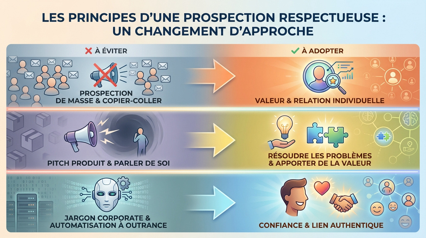 Schéma illustrant les principes d'une prospection LinkedIn respectueuse basée sur la valeur et l'humain