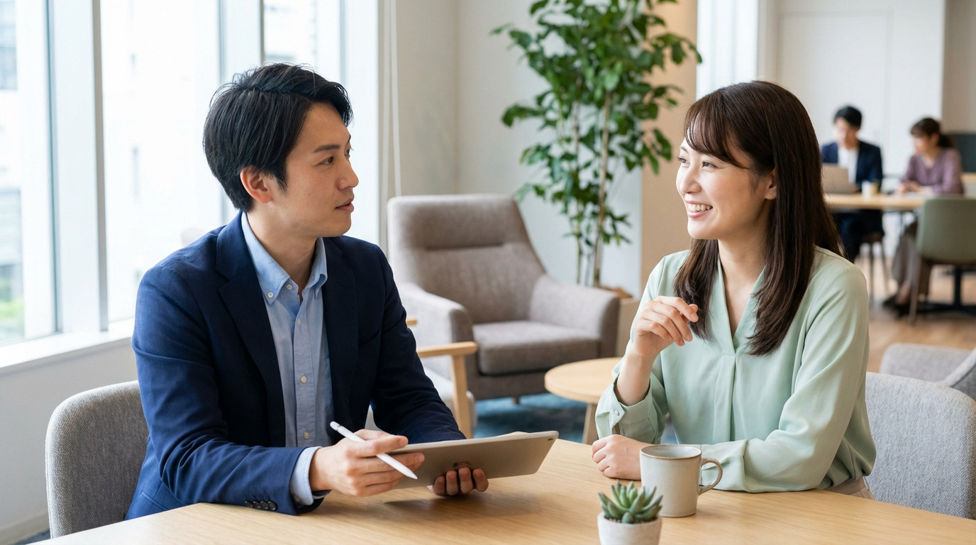 Two professionals in a bright, modern co-working space. Man with tablet listens intently, woman smiles, providing feedback.