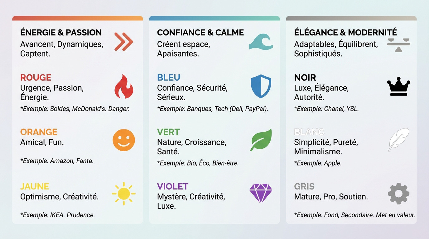 Schéma illustrant la classification des couleurs chaudes, froides et neutres pour l'identité visuelle