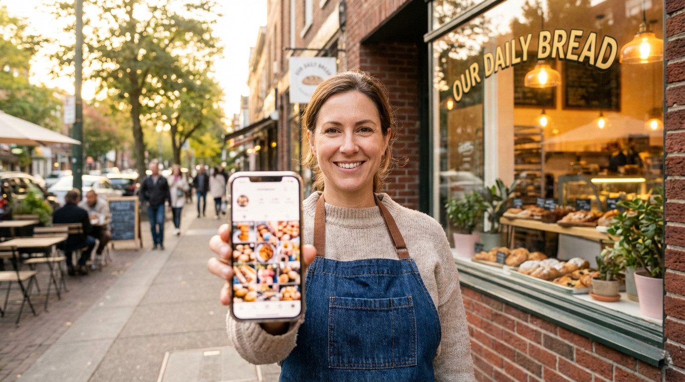 Smiling female bakery owner in an apron holds a smartphone displaying food photos, standing outside her charming shop "Our Daily Bread" on a bustling street.