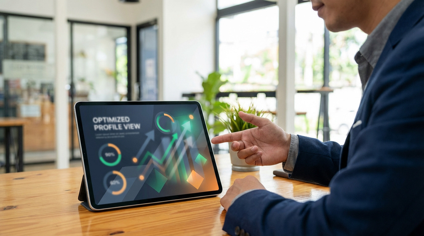 A professional gestures at a tablet displaying an optimized profile with growth graphs, in a modern office. Conveys confidence and strategic thinking.
