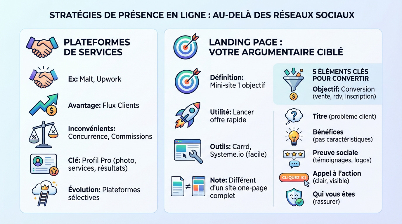Schéma illustrant les stratégies digitales alternatives au site web classique : marketplaces et landing pages