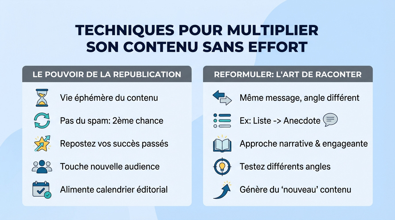 Schéma illustrant les techniques de republication et de reformulation pour prolonger la durée de vie du contenu