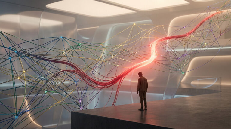 Generic figure observes a vibrant, interconnected network of glowing lines, where a luminous red thread emerges, signifying discovery and purpose in an abstract space.